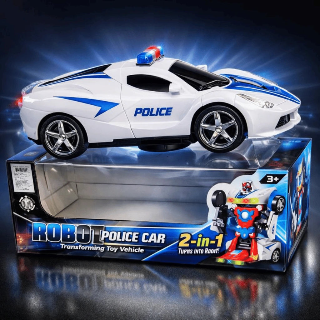 Robot Police Car Toy Transformer with Lights, Music, Automatic Rotation