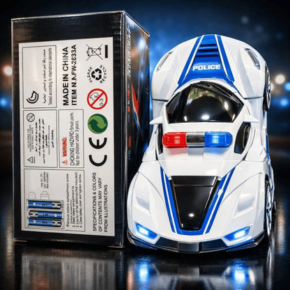 Robot Police Car Toy Transformer with Lights, Music, Automatic Rotation